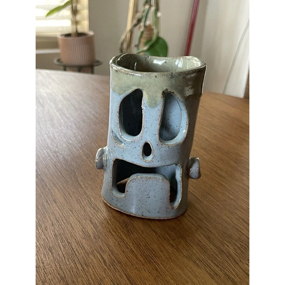 Halloween Frankenstein Hand Crafted Ceramic Luminaire Luminary Candle Blue